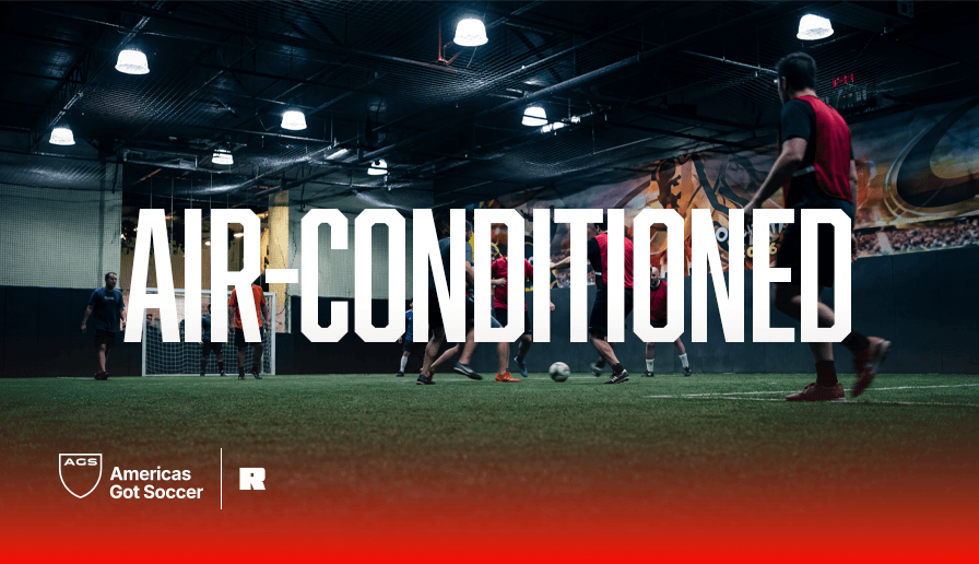 Air-conditioned indoor soccer facility in Fort Lauderdale at AGS with players playing 5v5 match on turf field