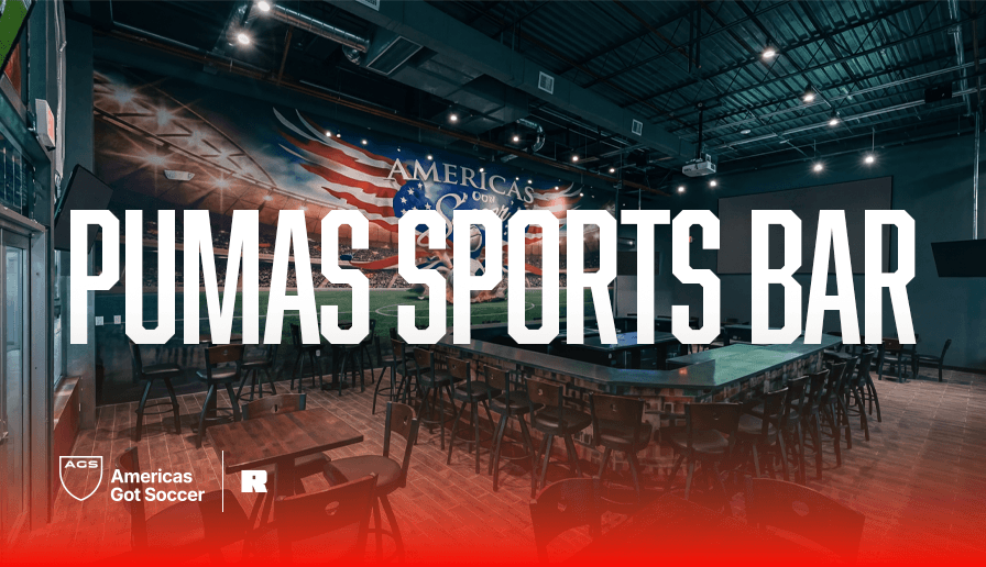Pumas Sports Bar at AGS Fort Lauderdale indoor soccer facility with seating, bar area, and game viewing screens