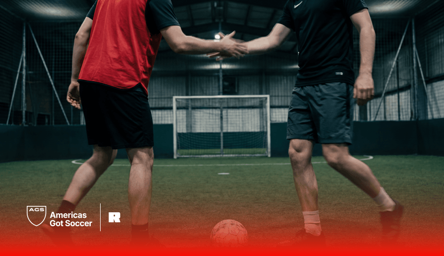 Men’s indoor soccer players shaking hands at AGS Fort Lauderdale on turf field before 5v5 match