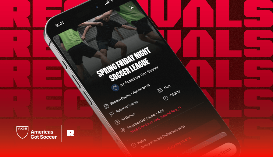 RecRivals app showing Spring Friday Night Soccer League at AGS Fort Lauderdale with schedule and league details